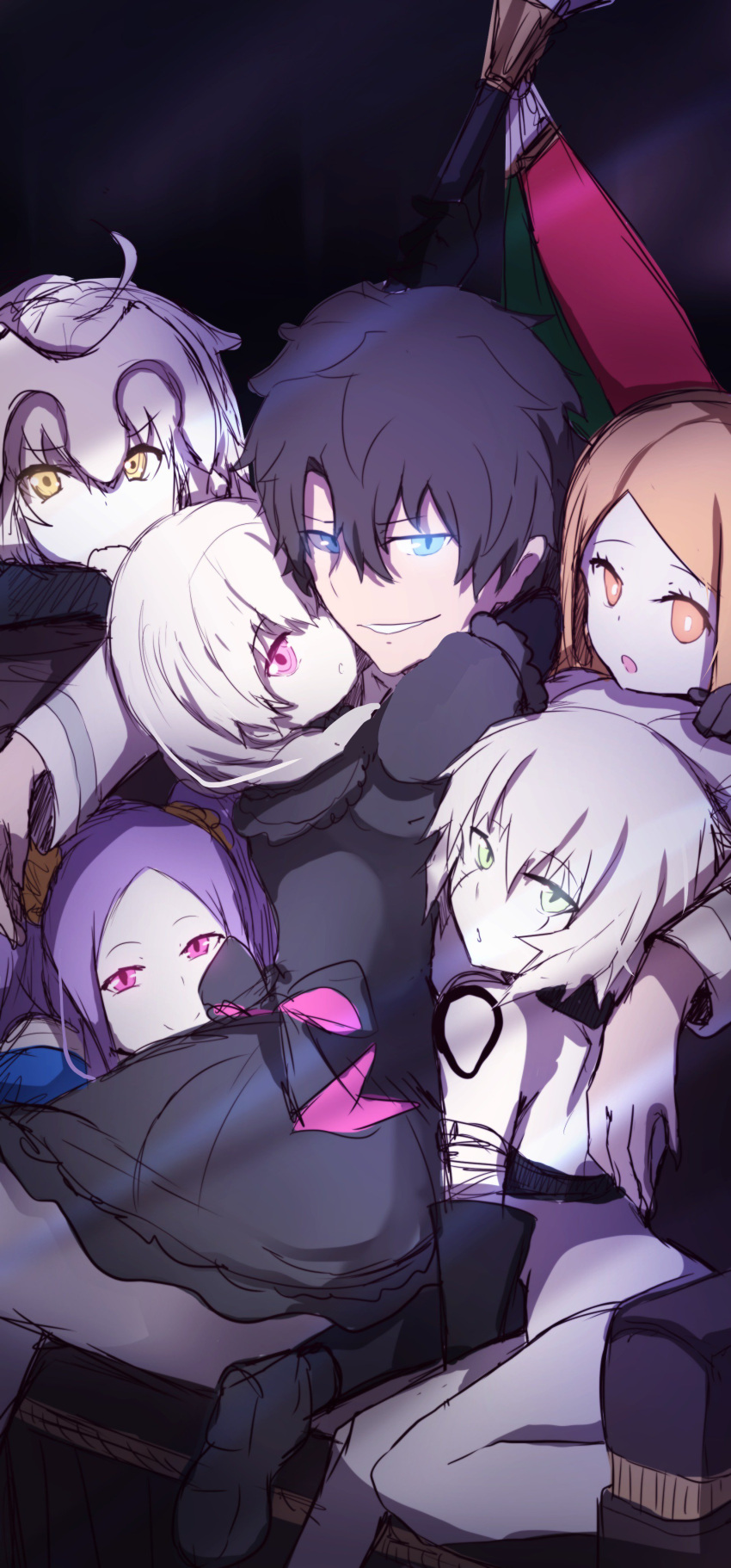 1boy 5girls :o absurdres ahoge arms_around_neck bad_id bad_pixiv_id black_dress black_footwear black_gloves black_hair blonde_hair blue_eyes couch cowgirl_position dress fate/grand_order fate_(series) frilled_dress frills fujimaru_ritsuka_(male) gloves glowing glowing_eyes green_eyes grin highres jack_the_ripper_(fate/apocrypha) jeanne_d'arc_alter_santa_lily_(fate) looking_at_viewer multiple_girls nursery_rhyme_(fate) orange_eyes orange_hair paul_bunyan_(fate) pink_eyes purple_hair ribbon short_hair sitting sitting_on_lap sitting_on_person smile twintails wada_kazu white_hair wu_zetian_(fate) yellow_eyes