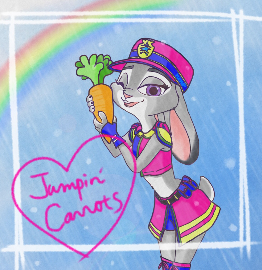 2019 anthro arms_bent carrot clothed clothing dipstick_ears disney ear_markings ears_down english_text female food fully_clothed fur grey_body grey_fur hat hb_runo headgear headwear heart_symbol holding_carrot holding_food holding_object holding_vegetable judy_hopps lagomorph leaning leaning_forward legs_together leporid mammal midriff multicolored_ears one_eye_closed open_mouth open_smile outline_heart pivoted_ears plant purple_eyes rabbit rainbow shoelaces smile solo standing straight_legs string_bow text text_in_heart tied_string vegetable zootopia