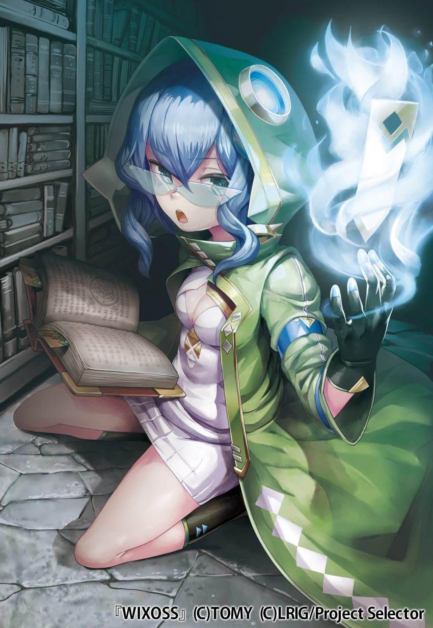 black_gloves blue_fire blue_hair book bookmark bookshelf breasts cleavage coat copyright_name crack cracked_floor female fire floating floating_object glasses gloves green_coat green_eyes hair_between_eyes highres holding holding_book hood hood_up hooded_coat indoors kousaku medium_hair official_art open_book open_mouth piruluk sitting solo talisman teeth tongue upper_teeth_only wariza wixoss