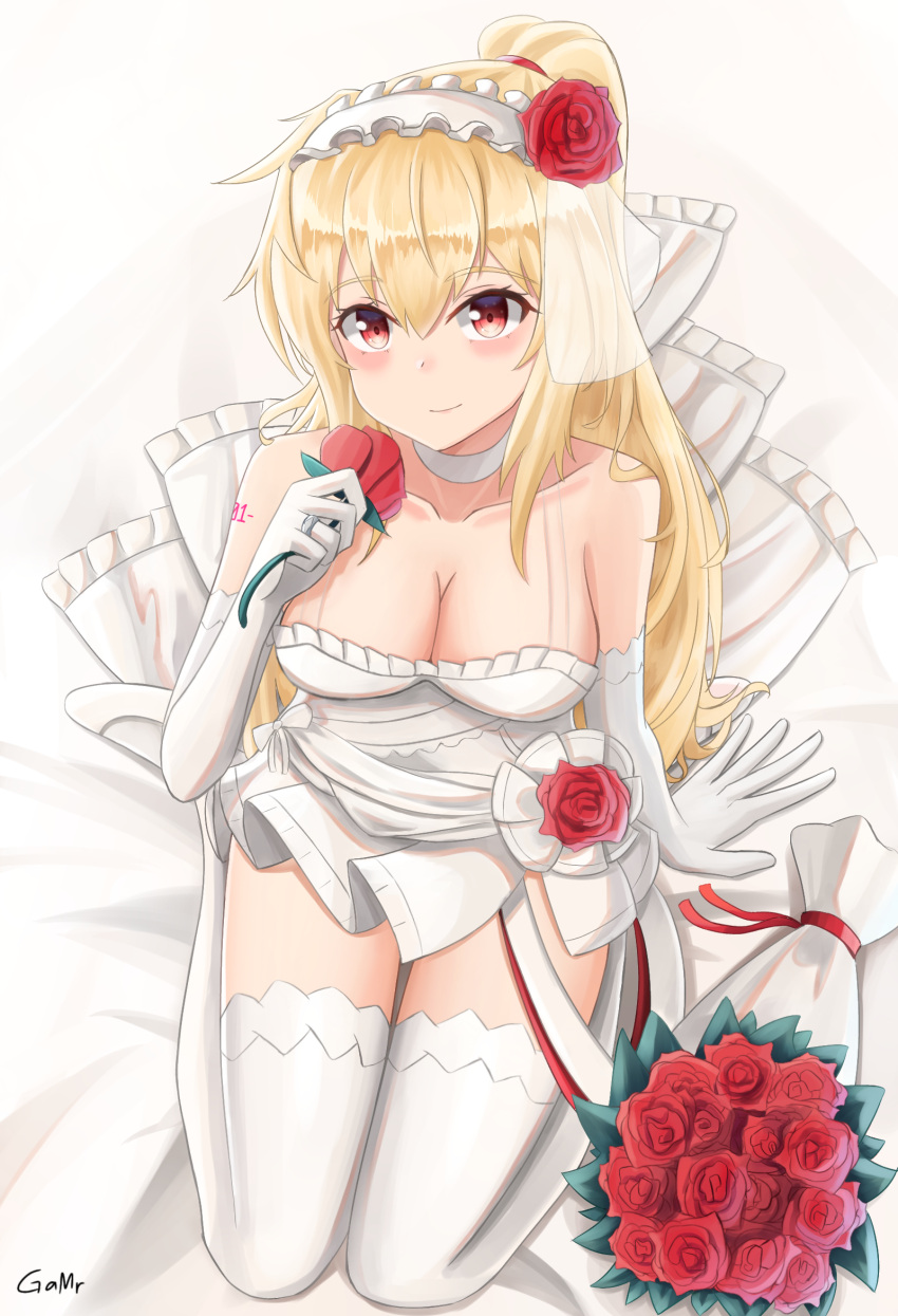 bare_shoulders bed blonde_hair blush bouquet breasts bridal_veil choker cleavage dress elbow_gloves female flower gamryous girls'_frontline gloves hairband highres holding jewelry long_hair looking_at_viewer official_alternate_costume petals ponytail red_eyes ring rose_petals smile solo sv-98_(girls'_frontline) sv-98_(pierce_your_heart!)_(girls'_frontline) thighhighs veil wedding_dress white_gloves