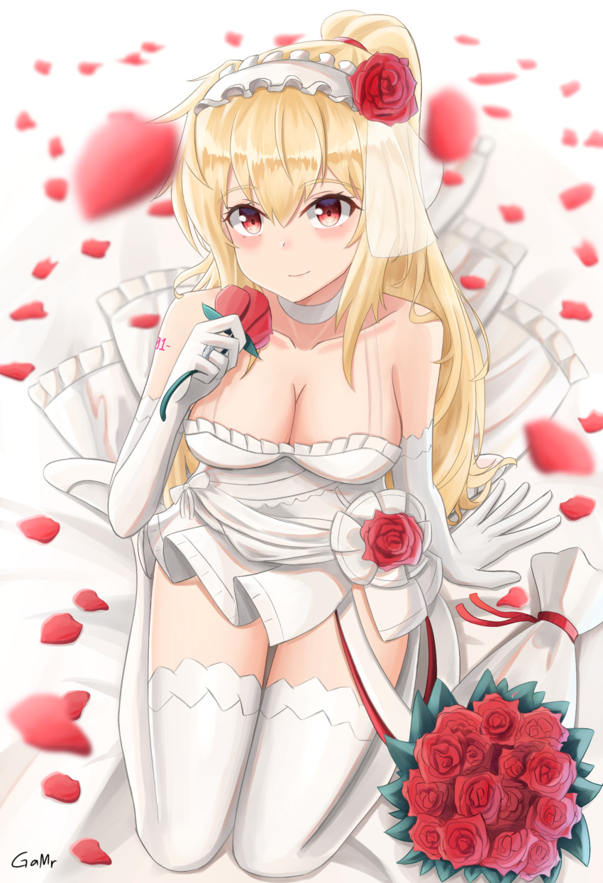 bare_shoulders bed blonde_hair blush bouquet breasts bridal_veil choker cleavage dress elbow_gloves female flower gamryous girls'_frontline gloves hairband highres holding jewelry long_hair looking_at_viewer official_alternate_costume petals ponytail red_eyes red_flower red_rose ring rose rose_petals smile solo sv-98_(girls'_frontline) sv-98_(pierce_your_heart!)_(girls'_frontline) thighhighs veil wedding_dress white_gloves