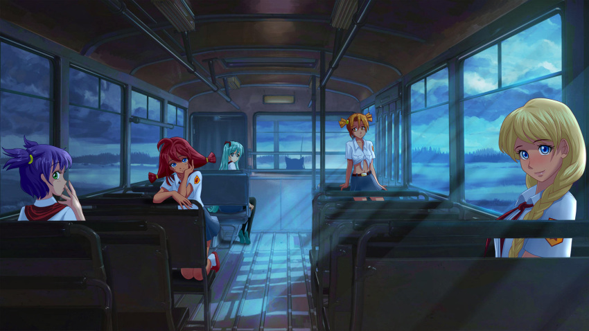 6+girls ahoge animal_ears aqua_hair arsenixc artist_request belt belt_buckle black_legwear blonde_hair blue_eyes blue_hair blue_skirt blush braid buckle bus bus_interior cat_ears closed_mouth cloud cloudy_sky collared_shirt dappled_moonlight dvach-tan everlasting_summer game_cg green_eyes hair_between_eyes hair_ornament hair_over_shoulder hatsune_miku highres horizon indoors lips long_hair looking_at_viewer medium_hair moonlight motor_vehicle multiple_girls navel neckerchief night official_art orange_eyes orange_hair parted_lips photoshop_(medium) pioneer_movement pioneer_neckerchief purple_hair red_footwear red_hair red_neckerchief scenery shirt shoes short_hair short_sleeves short_twintails sitting skirt sky slavya-chan smile socks standing stomach thighhighs twin_braids twintails unyl-chan ussr-tan uvao-tan very_long_hair vocaloid white_legwear white_shirt window