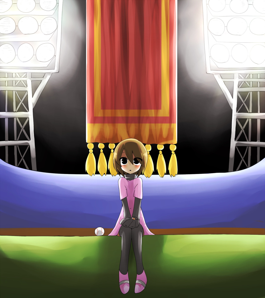 banner baseball baseball_mitt black_eyes black_thighhighs black_undershirt blush brown_hair commentary dress female hair_between_eyes hands_on_lap highres jiima_tarou layered_clothes long_sleeves looking_ahead looking_at_viewer minna_no_rhythm_tengoku night parted_lips pink_dress pink_footwear pitcher_(rhythm_tengoku) rhythm_tengoku shirt shoes short_hair short_sleeves sitting solo stadium_lights thighhighs turtleneck undershirt upturned_eyes v_arms