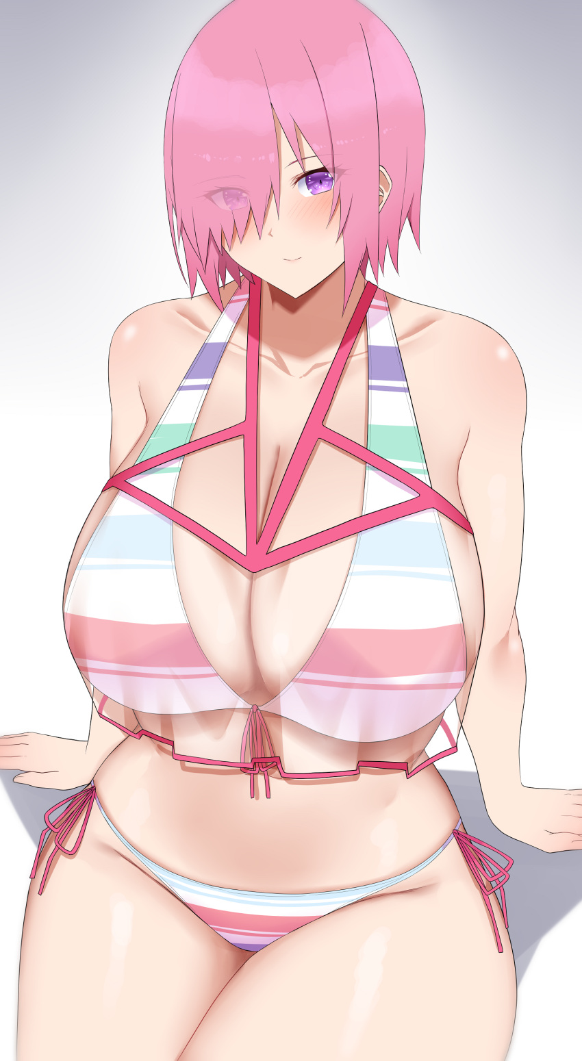 absurdres arind_yudha bare_shoulders bikini blush breasts cleavage closed_mouth collarbone commentary fate/grand_order fate_(series) female gradient_background grey_background hair_over_one_eye highres huge_breasts looking_at_viewer mash_kyrielight mash_kyrielight_(swimsuit_of_perpetual_summer_ver.02) multicolored_bikini multicolored_clothes multicolored_swimsuit navel official_alternate_costume pink_hair purple_eyes side-tie_bikini_bottom sitting solo stomach striped_bikini striped_clothes swimsuit thighs