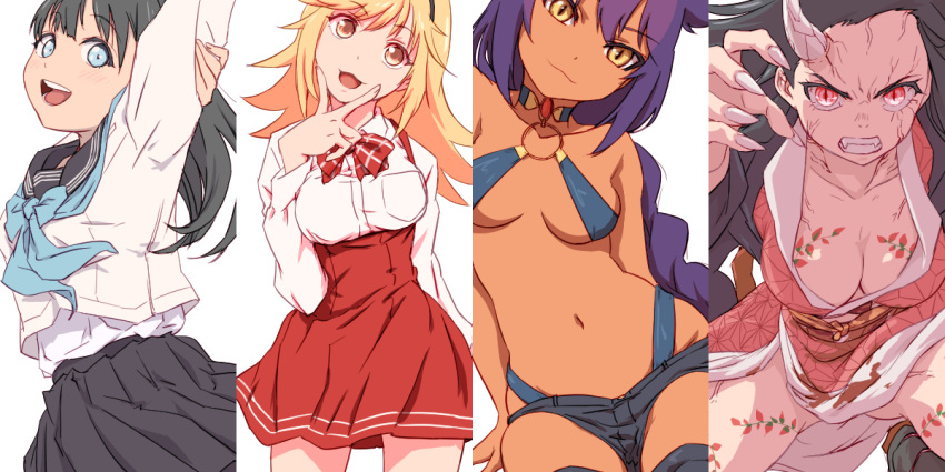 4girls akebi-chan_no_serafuku akebi_komichi aonori_misuji arm_up black_hair black_hairband black_sailor_collar black_shorts black_skirt blonde_hair blue_bow blue_eyes blue_neckerchief blunt_bangs blush bow braid braided_ponytail breasts cleavage collarbone cowboy_shot dark-skinned_female dark_skin fingernails hair_between_eyes hair_flaps hairband jahy jahy-sama_wa_kujikenai! japanese_clothes kamado_nezuko kamiya_karen kimetsu_no_yaiba kimono long_hair long_sleeves looking_at_viewer medium_breasts multiple_girls navel neckerchief o-ring o-ring_top open_mouth orange_eyes orange_sash pink_eyes pink_kimono pleated_skirt red_skirt roubai_academy_school_uniform_(old) sailor_collar sash school_uniform serafuku sharp_fingernails shirt short_shorts shorts shuumatsu_no_harem simple_background single_braid skirt slit_pupils smile stomach suspender_skirt suspenders swept_bangs very_long_hair white_background white_shirt yellow_eyes