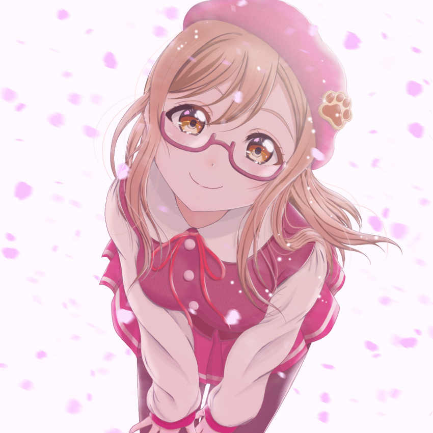 beret blush brown_hair cherry_blossoms female glasses h.i.t_(59-18-45) hat highres kunikida_hanamaru leaning_forward long_hair looking_at_viewer love_live! love_live!_sunshine!! neck_ribbon open_mouth pantyhose photoshop_(medium) pleated_skirt red_hat red_ribbon ribbon school_uniform skirt smile solo yellow_eyes