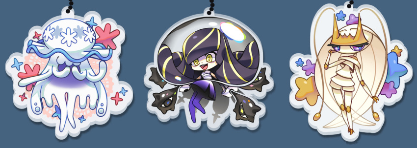 alternate_hair_color black_hair commentary creature english_commentary female full_body gen_7_pokemon long_hair lusamine_(pokemon) nihilego pheromosa pinkgermy pokemon pokemon_(creature) pokemon_(game) pokemon_sm purple_eyes simple_background standing ultra_beast