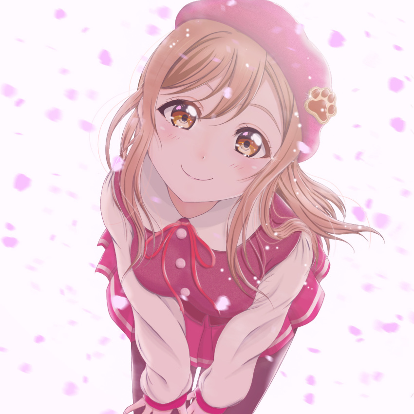 beret blush brown_hair cherry_blossoms closed_mouth female h.i.t_(59-18-45) hat head_tilt highres kunikida_hanamaru leaning_forward long_hair looking_at_viewer love_live! love_live!_sunshine!! neck_ribbon open_mouth pantyhose photoshop_(medium) pleated_skirt red_hat red_ribbon ribbon school_uniform skirt smile solo white_background yellow_eyes