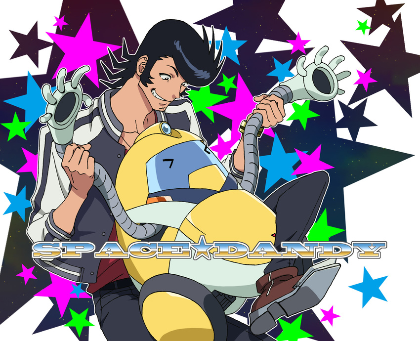 >_< arm_grab bad_id bad_pixiv_id banned_artist black_hair closed_eyes copyright_name dandy_(space_dandy) grin highres jacket ozaki_(nattohda) pompadour qt_(space_dandy) robot smile space_dandy star