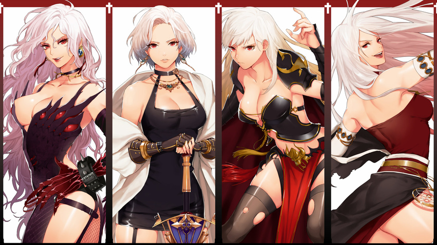 4girls :d bare_shoulders black_thighhighs bracelet bracer breasts choker claws cleavage collarbone commentary_request cowboy_shot dark_templar_(dungeon_and_fighter) demon_slayer_(dungeon_and_fighter) dungeon_and_fighter earrings elbow_gloves female_slayer_(dungeon_and_fighter) fishnet_pantyhose fishnets garter_straps gauntlets gloves hand_on_own_hip hand_up highres jewelry large_breasts long_hair looking_at_viewer looking_back majesty_(dungeon_and_fighter) midriff multiple_girls necklace open_mouth pantyhose parted_lips red_eyes red_lips short_hair single_leg_pantyhose smile spiked_bracelet spikes standing sword sword_master_(dungeon_and_fighter) thighhighs usamero vagabond_(dungeon_and_fighter) very_long_hair weapon white_hair