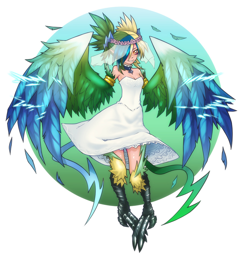 absurdres bare_shoulders blonde_hair blue_hair breasts choker commission dress electricity feathered_wings feathers female green_hair hair_over_one_eye harpy head_wreath highres looking_at_viewer magnifire monster_girl monster_girl_encyclopedia multicolored_hair multicolored_wings pointy_ears small_breasts smile solo strapless strapless_dress talons thunderbird_(monster_girl_encyclopedia) veil white_dress winged_arms wings