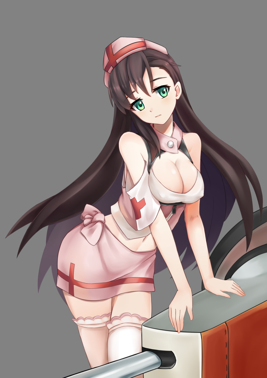 absurdres alternate_costume arizona_(azur_lane) arm_support armband azur_lane bare_shoulders black_hair breasts cannon cleavage cleavage_cutout clothing_cutout commentary_request covered_nipples cowboy_shot cross female green_eyes grey_background hat head_tilt highres large_breasts leaning_forward long_hair looking_at_viewer midriff miniskirt navel no_bra nurse_cap pink_skirt red_cross skirt solo the_hermit thighhighs tied_skirt very_long_hair zettai_ryouiki