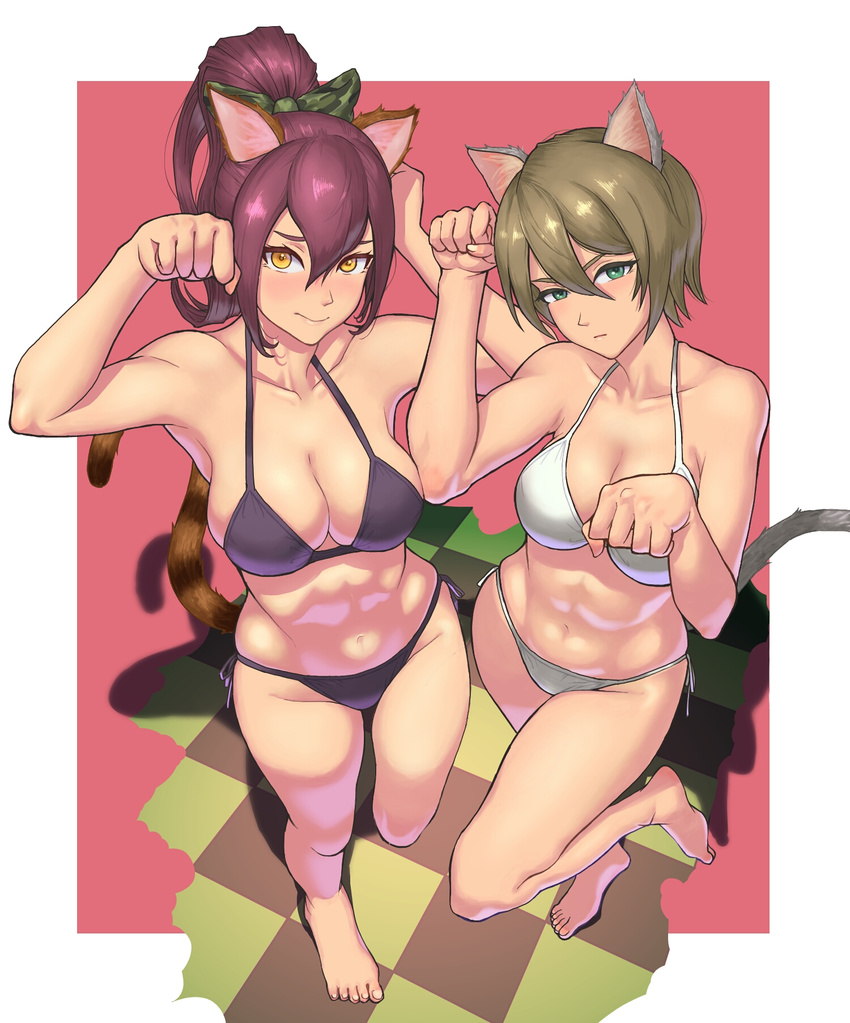 2girls abs animal_ears bad_id bad_pixiv_id barefoot bikini blush bow breasts brown_hair cat_ears cat_tail checkered_floor cleavage commentary_request from_above full_body green_eyes hairbow highres ibuki_imina large_breasts long_hair looking_at_viewer medium_breasts multiple_girls navel open_mouth paw_pose ponytail purple_hair school_girl_strikers shigatsugata short_hair side-tie_bikini_bottom smile standing standing_on_one_leg swimsuit tail yellow_eyes yukishiro_mari