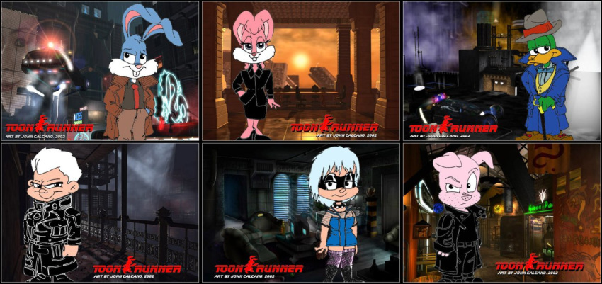 2002 anatid anseriform anthro atariboy avian babs_bunny bird blade_runner bottomwear bow_(feature) bow_tie business_suit buster_bunny cheek_tuft city cityscape clothing coat domestic_pig dress duck elmyra_duff facial_tuft fishnet_clothing fishnet_legwear fur gaff hair hamton_j._pig hand_in_pocket hands_in_both_pockets hat headgear headwear human lagomorph legwear leon_kowalski leporid looking_at_viewer mammal mask montana_max multicolored_body multicolored_fur necktie neon_sign pants parody photo_background photography_(artwork) plucky_duck pockets pris rabbit rachael_(blade_runner) replicant rick_deckard roy_batty shirt sign smile solo spinner standing stubble suid suina suit sun sus_(pig) tiny_toon_adventure tiny_toon_adventures topwear trenchcoat tuft two_tone_body two_tone_fur vest warner_brothers white_hair