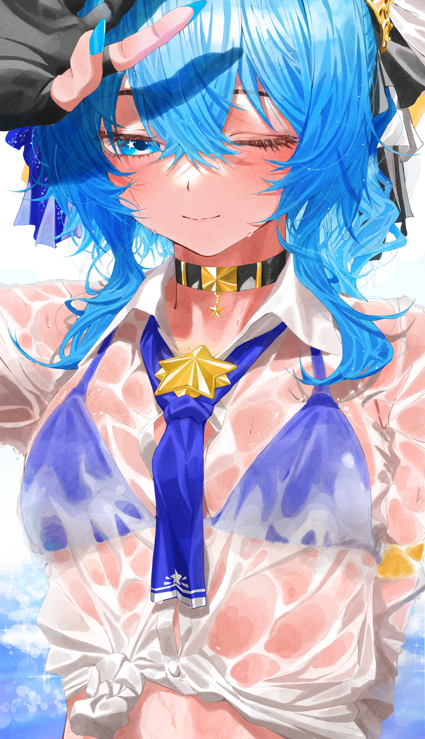 absurdres arm_up bikini bikini_under_clothes black_gloves blue_bikini blue_eyes blue_hair blue_nails blue_neckerchief blush buttons choker closed_mouth collared_shirt female fingerless_gloves gloves highres hololive hoshimachi_suisei long_hair looking_at_viewer nail_polish neckerchief one_eye_closed see-through see-through_shirt shading_eyes shirt smile solo star_(symbol) star_in_eye swimsuit symbol_in_eye tarutaru_(ryousuke) tied_shirt upper_body virtual_youtuber wet wet_clothes wet_shirt