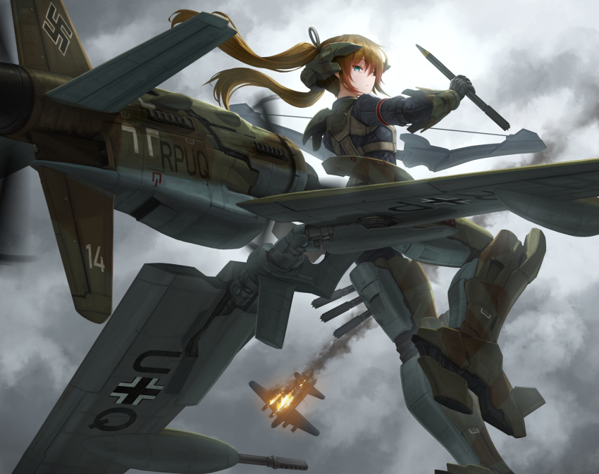 aircraft airplane b-17_flying_fortress balkenkreuz blue_eyes bow_(weapon) brown_hair burning cross do_335 do_335_(personification) female flying grey_sky headgear highres holding holding_bow_(weapon) holding_weapon long_hair looking_at_viewer luftwaffe machinery mecha_musume mixed-language_commentary original outdoors overcast personification sky smoke_trail solo swastika tom-neko_(zamudo_akiyuki) twintails weapon wehrmacht