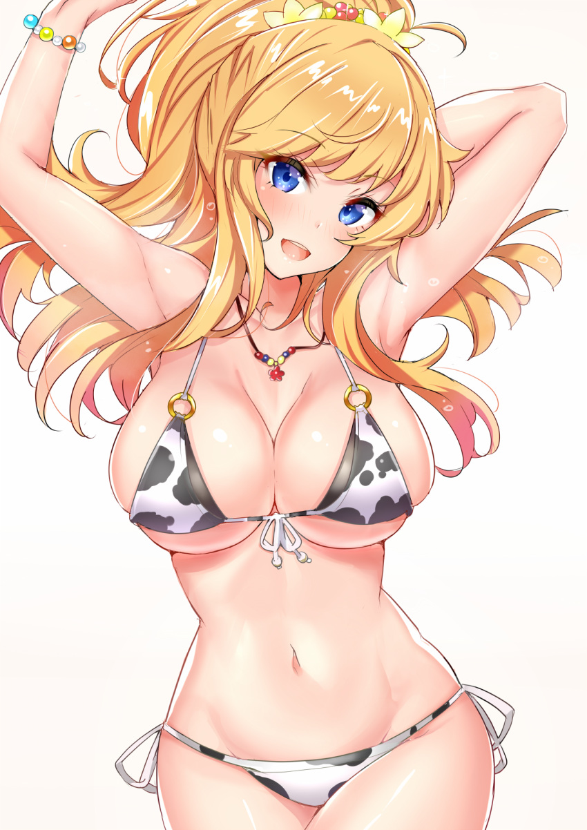 animal_print arm_behind_head armpits arms_up bare_shoulders bead_bracelet beads bikini blonde_hair blue_eyes blush bracelet breasts cleavage collarbone cow_print cow_print_bikini female flower front-tie_top hair_flower hair_ornament highres idolmaster idolmaster_cinderella_girls jewelry large_breasts long_hair looking_at_viewer navel necklace o-ring o-ring_bikini ohtsuki_yui open_mouth ponytail print_bikini sankakusui shiny_skin simple_background skindentation smile solo swept_bangs swimsuit wavy_hair white_background white_bikini