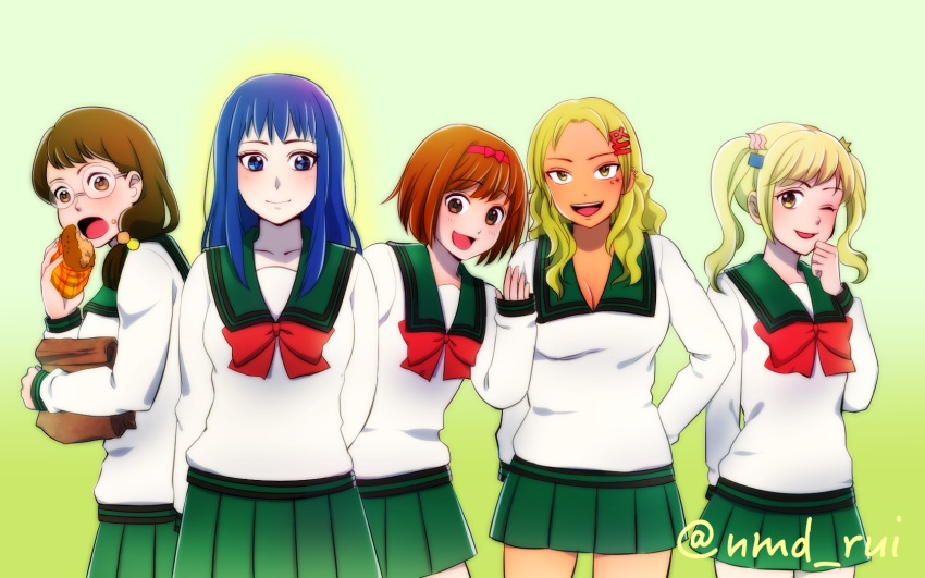 5girls aiura_mikoto arms_behind_back black_hair blonde_hair blue_eyes blue_hair bow breasts brown_eyes brown_hair cleavage eating food glasses gradient_background green_background green_sailor_collar green_skirt hair_bobbles hair_ornament hairband hairclip hand_on_own_hip hand_up highres holding holding_food long_hair looking_at_viewer mera_chisato multiple_girls nmd_rui open_mouth pk_academy_school_uniform pleated_skirt red_bow red_hairband rifuta_imu round_eyewear saiki_kusuo_no_psi_nan sailor_collar school_uniform shirt short_hair skirt sleeves_past_wrists smile teruhashi_kokomi twintails twitter_username white_shirt yellow_eyes yumehara_chiyo