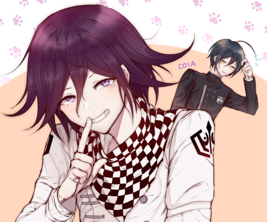 2boys ahoge artist_name bangs black_hair black_jacket blush brown_background brown_eyes c01a_(cola) checkered checkered_neckwear checkered_scarf commentary danganronpa_(series) danganronpa_v3:_killing_harmony english_commentary flying_sweatdrops grin hair_between_eyes hand_up highres index_finger_raised jacket long_sleeves looking_at_viewer male_focus multiple_boys open_mouth ouma_kokichi paw_print_background purple_eyes saihara_shuuichi scarf short_hair smile solo_focus straitjacket striped_jacket upper_body white_jacket