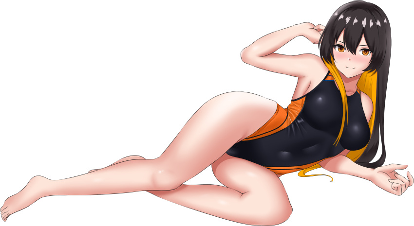 absurdres black_hair black_one-piece_swimsuit breasts closed_mouth competition_swimsuit covered_navel cryptocurrency female full_body hair_between_eyes highres long_hair looking_at_viewer lying medium_breasts monero monero-chan multicolored_hair on_side one-piece_swimsuit orange_eyes orange_hair orange_one-piece_swimsuit simple_background smile solo swimsuit thighs transparent_background two-tone_hair two-tone_swimsuit vostoemisio