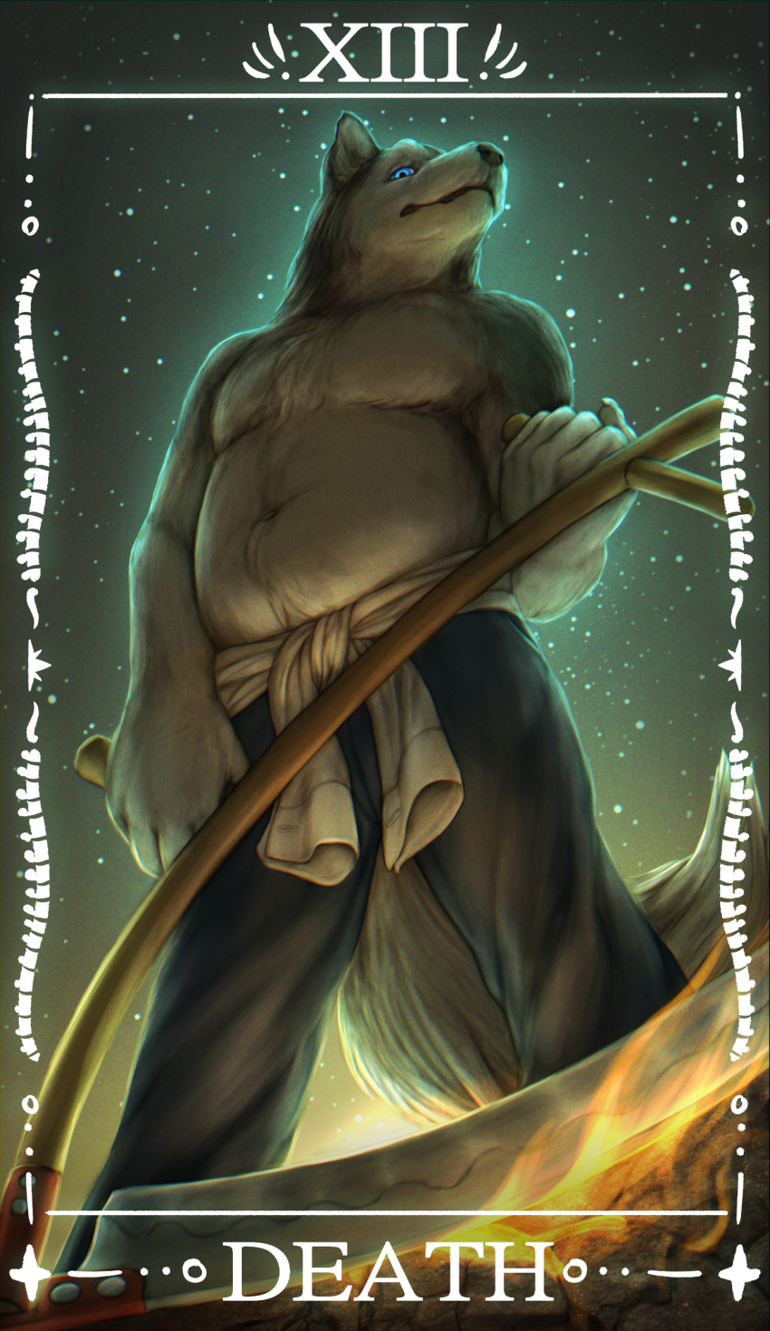 anthro belly blue_eyes bottomwear canid canine canis card card_template clothed clothing death_(tarot) domestic_dog fortune_telling fur grey_body grey_fur hi_res holding_scythe husky low-angle_view major_arcana male mammal melee_weapon nordic_sled_dog pants polearm scythe slightly_chubby slightly_chubby_anthro slightly_chubby_male solo spitz tarot tarot_card the_gentle_giant topless topless_anthro topless_male weapon