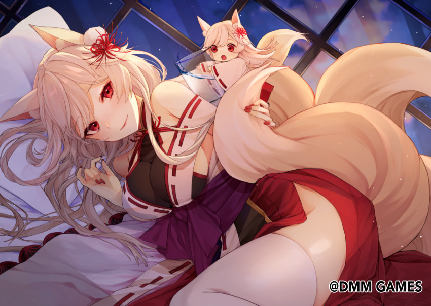 2girls :o animal_ears chibi closed_mouth cup drinking_glass dual_persona fingernails flower flower_knight_girl fox_ears fox_tail hair_flower hair_ornament higanbana_(flower_knight_girl) highres hutuu_(1121) long_hair looking_at_viewer lying multiple_girls multiple_tails name_connection no_panties object_namesake on_side open_mouth pillow red_eyes red_flower red_nails smile spider_lily tail thighhighs water white_hair white_thighhighs window