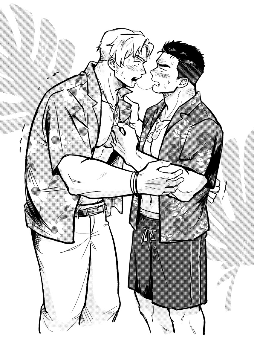 2boys absurdres adam's_apple after_kiss ao_isami bara bare_pectorals blush collar_grab couple cropped_legs dog_tags eye_contact face-to-face facial_hair floral_print greyscale hand_on_another's_arm hand_on_another's_back hawaiian_shirt highres leaf leaf_background lewis_smith looking_at_another male_focus monochrome monstera_deliciosa multiple_boys navel open_clothes open_shirt pectorals saliva saliva_trail shirt short_hair shorts sideburns_stubble stubble sweat tearing_up trembling wasted_m9 yaoi yuuki_bakuhatsu_bang_bravern