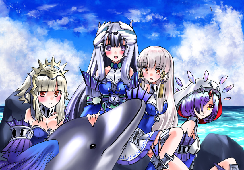 4girls 74 bare_shoulders blunt_bangs breasts circlet cleavage commission cosplay crown dolphin fire_emblem fire_emblem:_three_houses fire_emblem_engage fire_emblem_heroes grey_hair hair_ornament hair_over_one_eye highres hood kitkallos_(yu-gi-oh!) kvasir_(fire_emblem) long_hair long_sleeves lysithea_von_ordelia medium_breasts mermaid monster_girl multicolored_hair multiple_girls nintendo ocean official_alternate_hairstyle pink_eyes purple_eyes purple_hair red_eyes short_hair sidelocks skeb_commission smile tearlaments_havnis tearlaments_kitkallos tearlaments_merrli tearlaments_scheiren thighs tiara two-tone_hair veronica_(fire_emblem) veyle_(fire_emblem) yu-gi-oh!