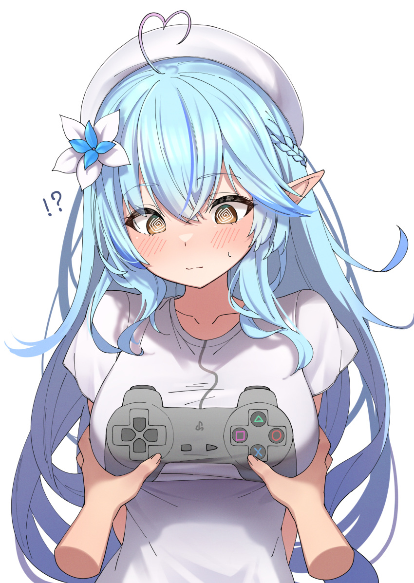 !? @_@ absurdres ahoge alternate_costume beret blue_hair blush breasts collarbone detached_arm eru_(l_illust45) game_controller_print grabbing grabbing_another's_breast hat heart heart_ahoge highres hololive large_breasts looking_down playstation_controller pointy_ears pov print_shirt shirt simple_background virtual_youtuber white_background white_hat yellow_eyes yukihana_lamy