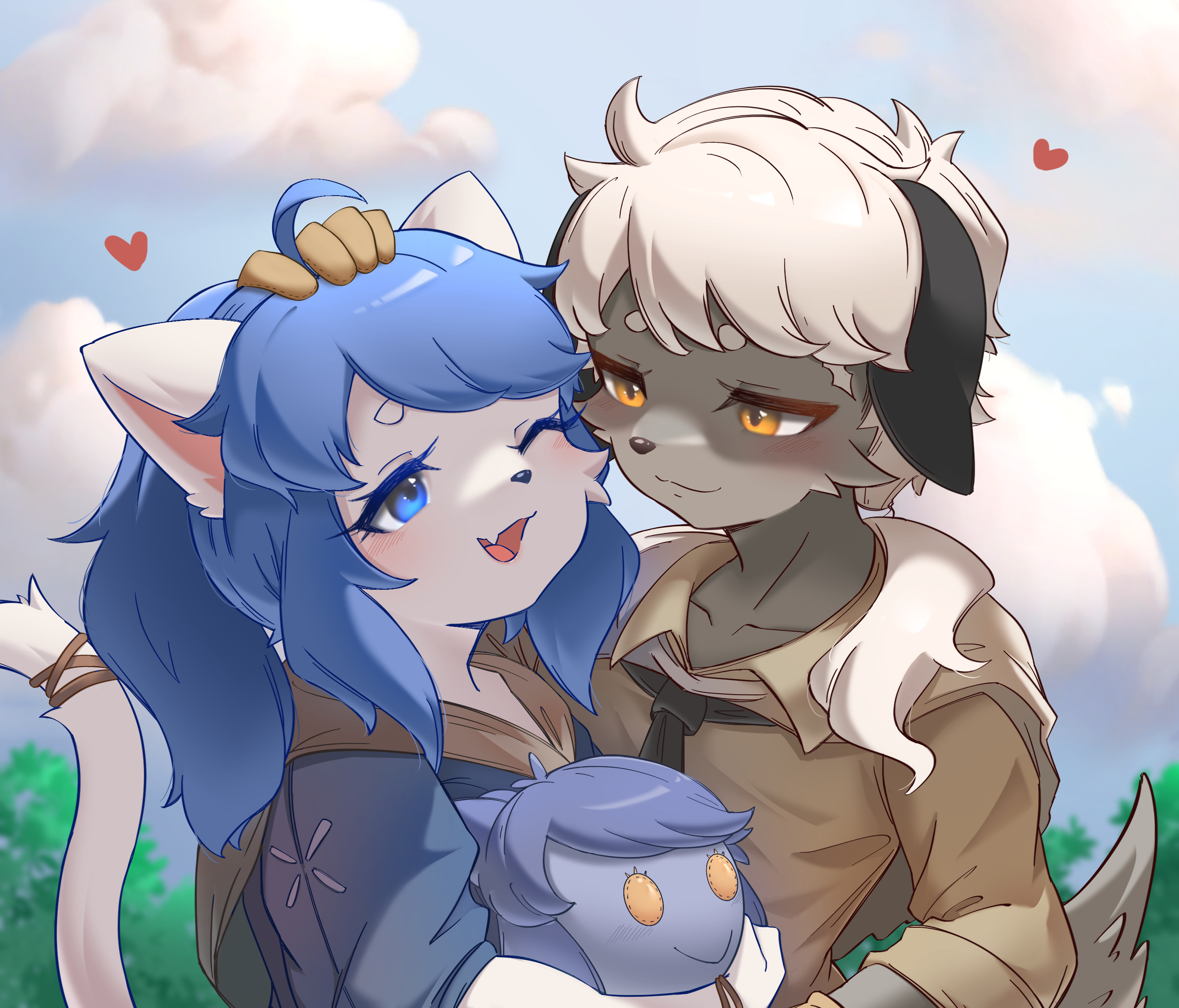 anthro blue_eyes blue_hair britz_strudel canid cloud cyberconnect2 digital_media_(artwork) domestic_cat duo felid feline felis female fuga:_melodies_of_steel hair heart_symbol hi_res holding_object holding_plushie lalamedli little_tail_bronx male male/female mammal one_eye_closed outside plushie sheena_falafel smile tail white_hair