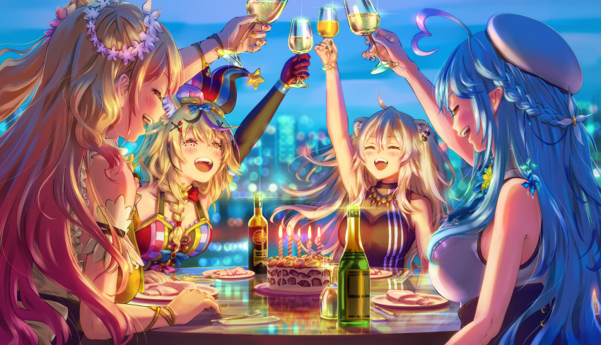 4girls absurdres ahoge alcohol animal_ears aomaru_kazumi armpits bare_shoulders birthday_cake black_nails blonde_hair blue_hair blurry blurry_background blush braid breasts cake candle champagne champagne_bottle champagne_flute cityscape closed_eyes club_hair_ornament collarbone commentary_request cup diamond_hair_ornament double_bun drinking_glass flower food fox_ears fox_girl french_braid gloves gradient_hair grey_hair hair_between_eyes hair_bun hair_flower hair_ornament hairclip hat heart heart_ahoge heart_hair_ornament highres holding holding_cup hololive jester_cap lion_ears lion_girl long_hair momosuzu_nene momosuzu_nene_(1st_costume) multicolored_hair multiple_girls nepolabo night omaru_polka omaru_polka_(1st_costume) open_mouth orange_nails outstretched_arm pink_hair pointy_ears red_gloves shishiro_botan shishiro_botan_(1st_costume) smile spade_hair_ornament streaked_hair two_side_up virtual_youtuber white_headwear x_hair_ornament yukihana_lamy yukihana_lamy_(1st_costume)