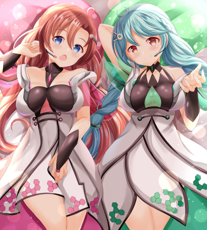 2girls bare_shoulders blue_eyes blue_hair braid breasts bridal_gauntlets brown_eyes brown_hair closed_mouth collarbone commentary_request commission covered_collarbone dress grey_dress hair_between_eyes hair_ornament hand_up head_tilt headset highres hinabita large_breasts long_hair looking_at_viewer low_twintails multiple_girls open_mouth shinonome_kokona shinonome_natsuhi skeb_commission smile twin_braids twintails very_long_hair xenon_(for_achieve)