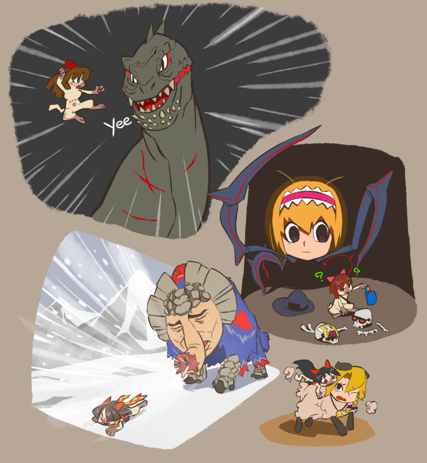 2boys 5girls ? alice_margatroid baseball_cap benikurage_(cookie) black_eyes black_hair blonde_hair blue_headwear bois_de_justice bow brown_hair character_request closed_mouth commentary_request cookie_(touhou) crossover deviljho dies_irae dinosaur_adventure empty_eyes feline felyne frilled_hairband frills full_body furrification furry gammoth genderswap_(ftm) hair_tubes hairband hairbow hakurei_reimu hat hazuna_rio highres hinase_(cookie) human_head kanna_(cookie) karate kirisame_marisa long_hair looking_at_another manatsu_no_yo_no_inmu meme monster_hunter_(series) multiple_boys multiple_girls open_mouth orange_scarf oro_(dinosaur_adventure) otoko_no_ko pink_hairband red_bow rei_(cookie) reu_(cookie) rule_63 sananana_(cookie) scarf scotch_(cookie) sheep shinza_bansho_series short_hair skeleton skull snow striped_clothes striped_scarf touhou witch_hat yee_(meme) yellow_scarf