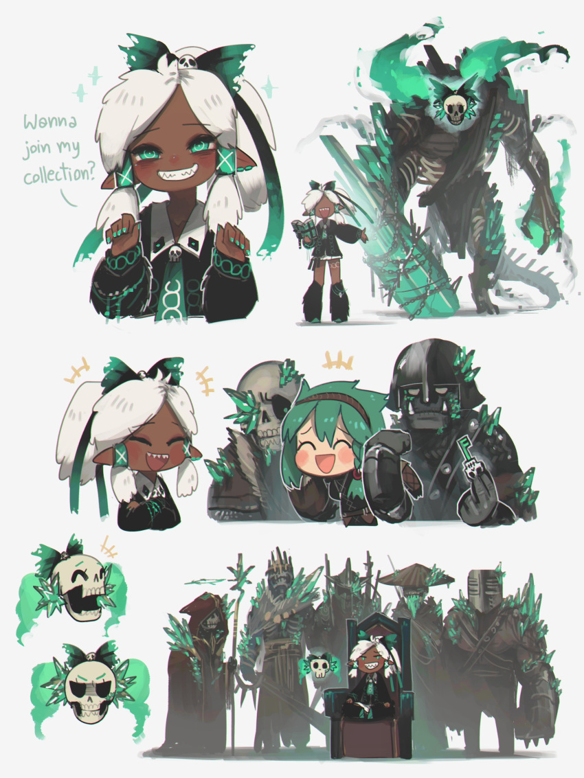 2girls :d ^_^ absurdres braid cecile_(porforever) chains closed_eyes commentary dark-skinned_female dark_skin earclip english_commentary english_text floating_skull green_eyes green_hair green_nails grin hair_ornament hair_tubes hairband helm helmet highres key multiple_boys multiple_girls necromancer necromancer_(porforever) open_mouth original pointy_ears ponytail porforever sharp_teeth side_braid simple_background sitting skeleton skull skull_hair_ornament smile staff teeth throne twintails white_background white_hair