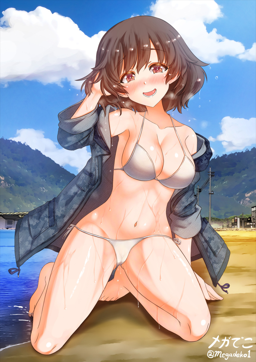 akiyama_yukari aquaegg artist_name bangs barefoot beach bikini blue_coat blue_sky blush breasts brown_eyes brown_hair cloud cloudy_sky coat crotch_seam day droplet eyebrows_visible_through_hair female full_body girls_und_panzer half-closed_eyes halterneck hand_in_hair highres hooded_coat kneeling leaning_to_the_side looking_at_viewer medium_breasts messy_hair mountain navel no_pants open_clothes open_coat open_mouth power_lines short_hair side-tie_bikini signature sky smile solo string_bikini swimsuit twitter_username utility_pole water wet white_bikini