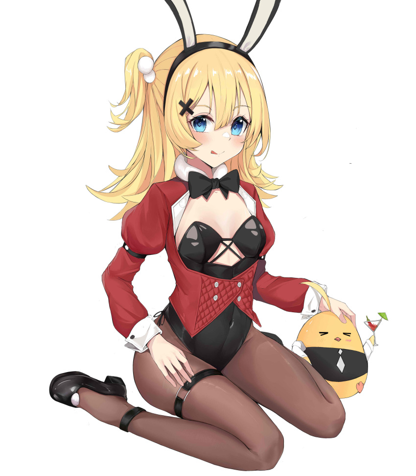 :q abercrombie_(azur_lane) abercrombie_(mischief_on_the_rocks)_(azur_lane) absurdres animal_ears azur_lane bird black_footwear black_leotard blonde_hair blue_eyes bow bowtie breasts chick cleavage commentary_request fake_animal_ears female hair_between_eyes hair_bobbles hair_ornament hairband high_heels highres kuyoumi leotard long_hair long_sleeves looking_at_viewer manjuu_(azur_lane) official_alternate_costume one_side_up pantyhose playboy_bunny rabbit_ears shoes sidelocks simple_background sitting strapless strapless_leotard tongue tongue_out wariza white_background wrist_cuffs x_hair_ornament