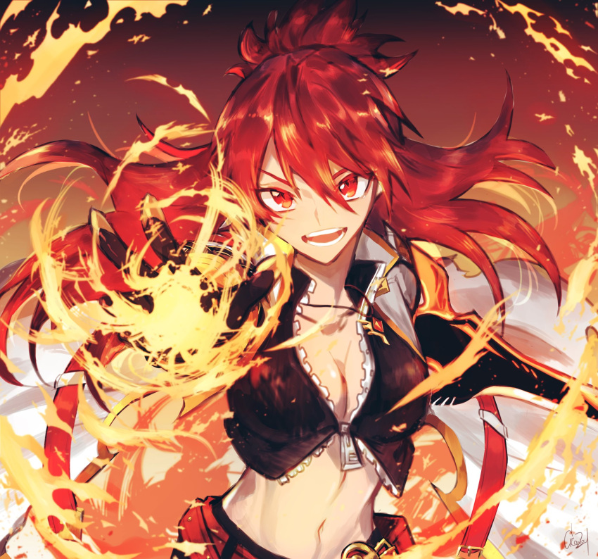 belt black_gloves blazing_heart_(elsword) breasts cleavage collarbone commentary elesis_(elsword) elsword english_commentary female fire gloves hair_between_eyes highres jewelry kazuya_(kozun) long_hair navel necklace open_hand open_mouth red_eyes red_hair signature smile solo teeth torn torn_clothes upper_body zipper zipper_pull_tab