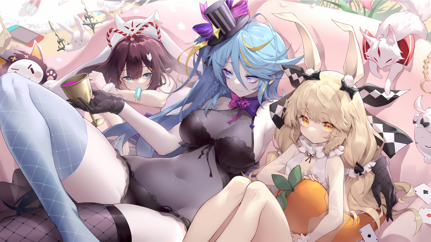 3girls absurdres ahoge alcohol animal_ears bed benghuai_xueyuan black_bra black_panties blanket blonde_hair blue_eyes blue_hair bodystocking bow bra braid breasts carrot character_request colored_skin cup eating flower food fox gem gloves gold green_eyes grey_skin hair_ornament hat highres honkai_(series) hugging_object ice_cream large_breasts long_hair looking_at_viewer lying mad_hatter_(honkai) maggie_(honkai) multicolored_hair multiple_girls navel official_art panties poker purple_hair rabbit rabbit_ears resized ribbon see-through shanyao_jiang_tororo sitting third-party_source twintails underwear upscaled wine yellow_eyes