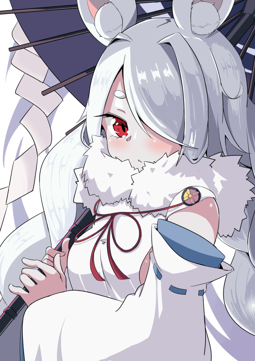 animal_ears azur_lane braid commentary_request detached_sleeves edoara female hair_over_one_eye highres holding holding_umbrella japanese_clothes long_hair looking_at_viewer low_twintails oil-paper_umbrella rabbit_ears red_eyes ribbon-trimmed_sleeves ribbon_trim shirayuki_(azur_lane) sidelocks simple_background solo twin_braids twintails umbrella white_background white_hair wide_sleeves