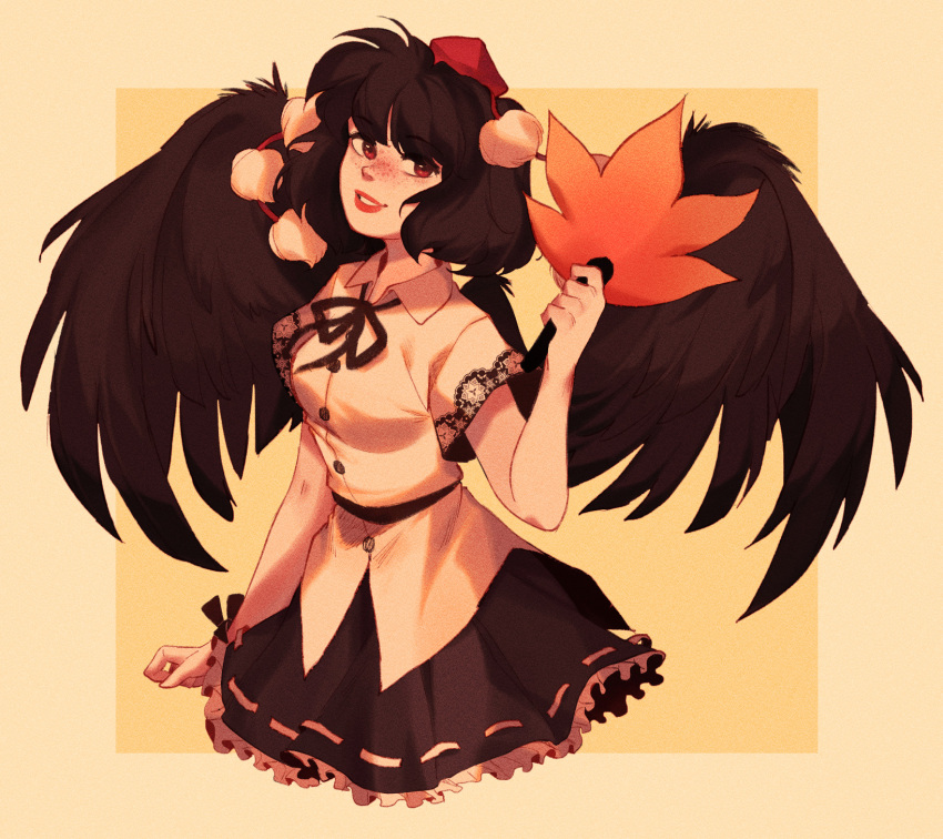 beige_border black_hair black_ribbon black_skirt blush breasts buttons collared_shirt cowboy_shot cropped_legs fan feathered_wings female freckles frilled_skirt frills hat hauchiwa head_tilt highres holding holding_fan linmiee medium_breasts neck_ribbon nose_blush outside_border parted_lips pom_poms red_eyes red_headwear ribbon shameimaru_aya shirt short_hair skirt solo tokin_hat touhou white_shirt wings wrist_ribbon yellow_background