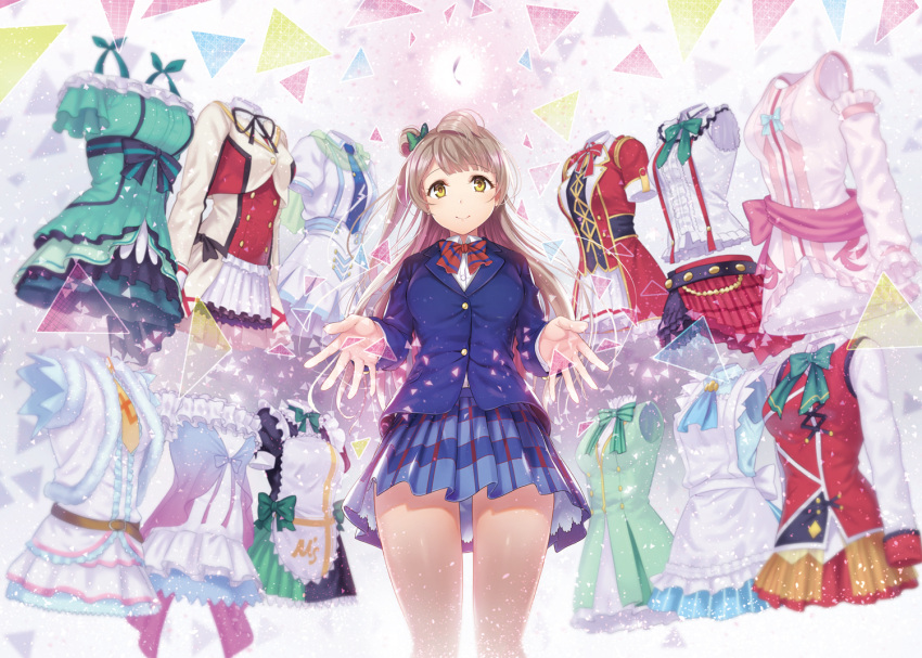 blazer blue_jacket blue_skirt bokura_no_live_kimi_to_no_life bokutachi_wa_hitotsu_no_hikari bow bowtie brown_hair closed_mouth collared_shirt cowboy_shot dress_shirt female hair_ribbon hair_rings jacket kira-kira_sensation! kitiroku korekara_no_someday long_hair long_sleeves looking_at_viewer love_live! love_live!_school_idol_project minami_kotori miniskirt mogyutto_"love"_de_sekkin_chuu! one_side_up otonokizaka_school_uniform plaid plaid_skirt pleated_skirt red_bow red_bowtie ribbon school_uniform shirt single_hair_ring skirt smile snow_halation solo sore_wa_bokutachi_no_kiseki start:dash!! striped_bow striped_bowtie striped_clothes sunny_day_song translated white_shirt winter_uniform wonderful_rush yellow_eyes yume_no_tobira