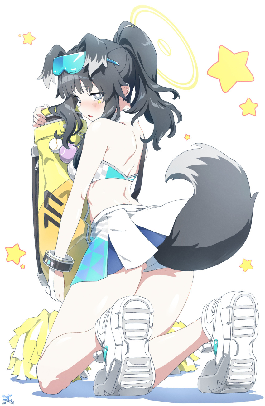 absurdres animal_ears back bag ball bare_arms bare_legs bare_shoulders black_hair blue_archive blush bracelet breasts cheerleader crop_top dog_ears dog_tail extra_ears female full_body goggles goggles_on_head golf_ball halo hibiki_(blue_archive) hibiki_(cheer_squad)_(blue_archive) highres holding holding_bag jewelry kneeling lifted_by_tail long_hair looking_at_viewer makicha_(sasurainopink) millennium_cheerleader_outfit_(blue_archive) miniskirt official_alternate_costume panties pantyshot parted_lips pom_pom_(cheerleading) ponytail shoes sidelocks skirt solo star_(symbol) tail tail_raised underwear white_background white_footwear white_panties