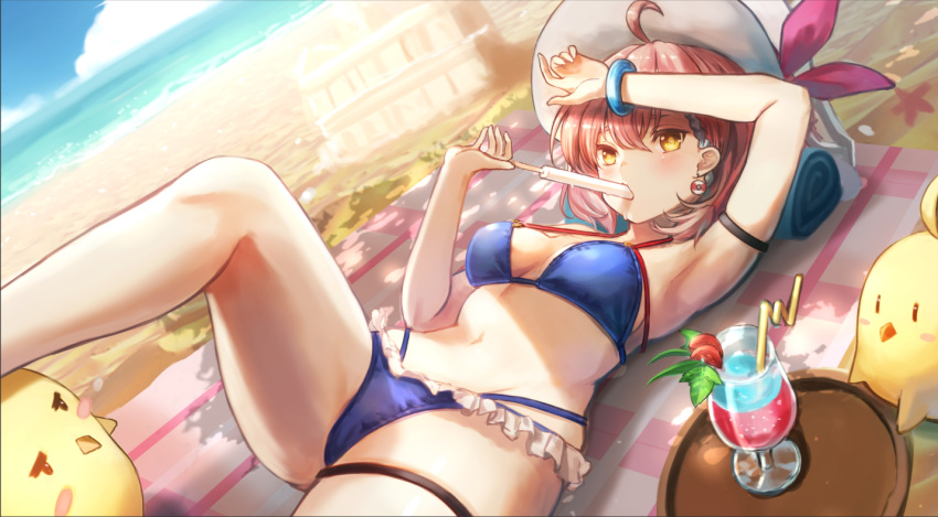 ahoge arm_strap arm_up armpits azur_lane bare_legs bare_shoulders beach bikini bird blue_bikini braid braided_bangs breasts chick cup day drinking_glass drinking_straw dutch_angle female food frills halterneck hand_up hat holding hurricane_glass leg_up looking_at_viewer lying manjuu_(azur_lane) medium_breasts multi-strapped_bikini multicolored_hair navel official_alternate_costume on_back outdoors popsicle short_hair solo stomach streaked_hair sun_hat swimsuit tartu_(azur_lane) tartu_(overthinking_summer)_(azur_lane) thigh_strap thighs tropical_drink water white_hat yu_ni_t