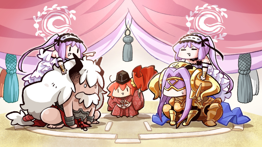 1boy 4girls alternate_costume armor armored_boots asterios_(fate) belt blindfold boots bull chains chaldea_logo choker cloak commentary_request curtains dress euryale_(fate) eyebrows fate/grand_order fate/hollow_ataraxia fate/stay_night fate_(series) frilled_choker frilled_dress frilled_hairband frilled_sleeves frills fujimaru_ritsuka_(female) gauntlets hair_between_eyes hairband hat headdress horns japanese_clothes lolita_hairband long_hair medusa_(armed_gorgon)_(fate) medusa_(fate) medusa_(rider)_(fate) multiple_girls official_alternate_costume ono-yuzi open_mouth orange_hair pauldrons pointing purple_cloak purple_hair ribbon-trimmed_hairband rojiura_satsuki:_chapter_heroine_sanctuary shoulder_armor siblings sisters smile squatting stheno_(fate) sumo sweatdrop toes topless_male twins twintails very_long_hair white_dress white_hair