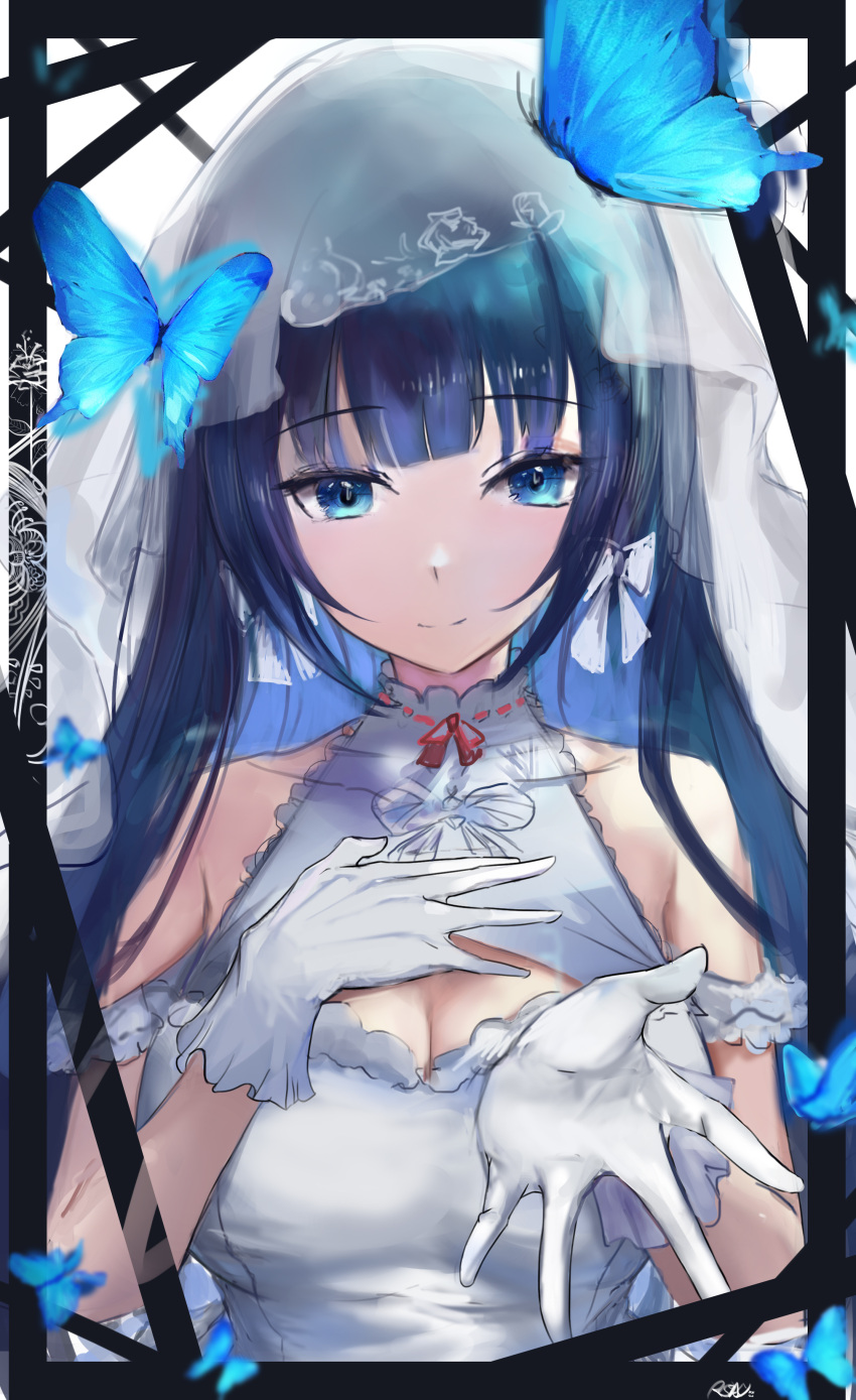 absurdres aoi_nabi bare_shoulders black_hair blue_butterfly blue_eyes blue_hair blunt_bangs bow bow_earrings breasts bridal_veil bug butterfly cleavage cleavage_cutout clothing_cutout dress earrings female gloves halter_dress halterneck hand_on_own_chest highres indie_virtual_youtuber jewelry long_hair looking_at_viewer medium_breasts multicolored_hair red_bow rs2aky smile solo two-tone_hair upper_body veil virtual_youtuber wedding_dress white_bow white_dress white_gloves