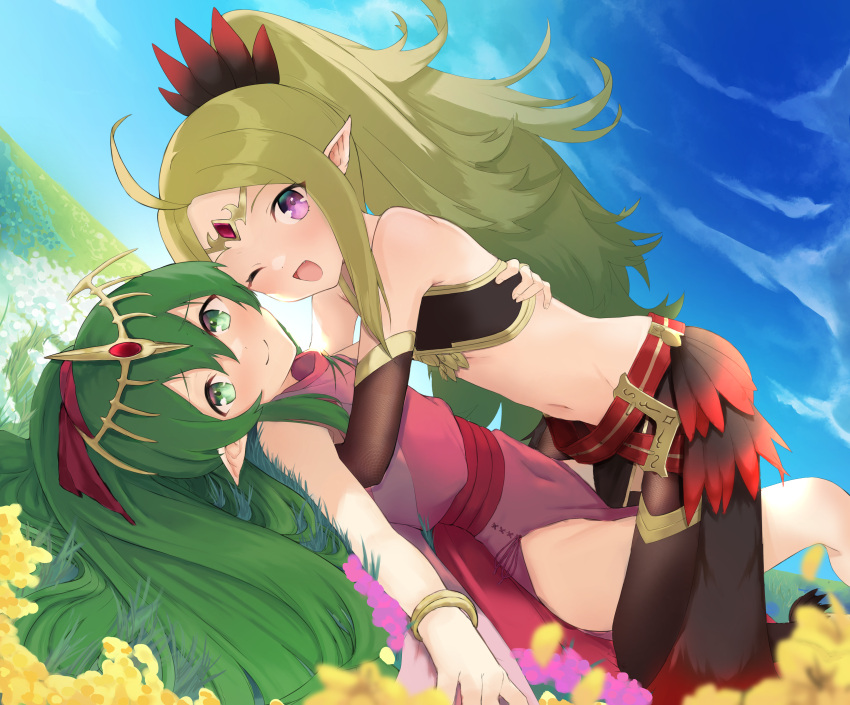 2girls ;d absurdres ahoge bangle bare_shoulders black_gloves bracelet commentary dress fire_emblem fire_emblem:_mystery_of_the_emblem fire_emblem_awakening fire_emblem_heroes gloves green_eyes green_hair hair_ornament highres hug jewelry long_hair looking_at_viewer lying md5_mismatch multiple_girls navel nowi_(fire_emblem) nowi_(resplendent)_(fire_emblem) official_alternate_costume on_back one_eye_closed outdoors pink_dress pointy_ears ponytail purple_eyes resolution_mismatch smile source_smaller stomach tiara tiki_(fire_emblem) tiki_(young)_(fire_emblem) utemika very_long_hair