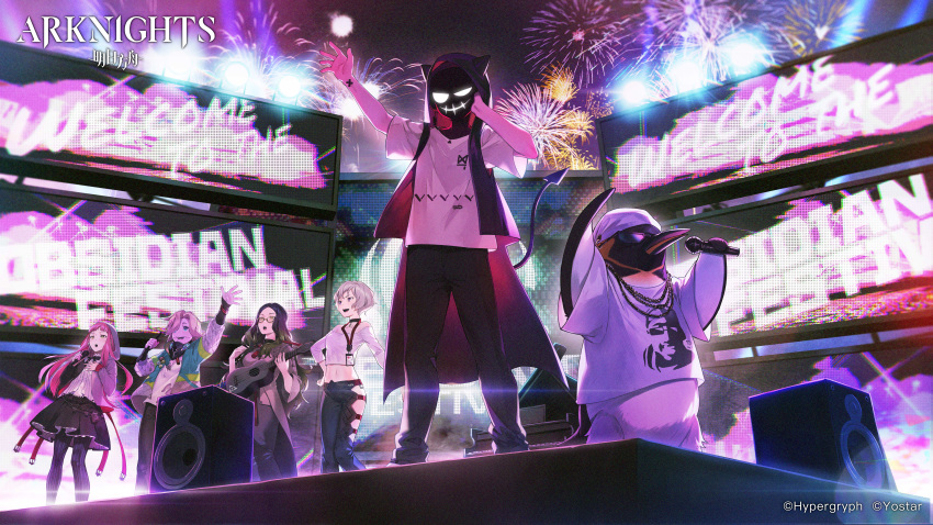 5girls absurdres aerial_fireworks alty_(arknights) animal arknights arm_up aya_(arknights) backlighting bandana bird black_skirt choker clothing_cutout crop_top d.d.d._(arknights) dan_(arknights) demon_tail emperor_(arknights) emperor_penguin fireworks frost_(arknights) glasses grand_piano hand_on_own_chest highres holding hood hooded_jacket hooded_vest hoodie instrument jacket lanyard long_hair mask mask_around_neck microphone midriff multiple_girls music nagu navel night off-shoulder_shirt off_shoulder official_art open_clothes open_jacket open_mouth pants pantyhose penguin piano shirt short_hair side_cutout singing skirt speaker stage stage_lights sunglasses tail tupac_shakur vest watermark white_shirt