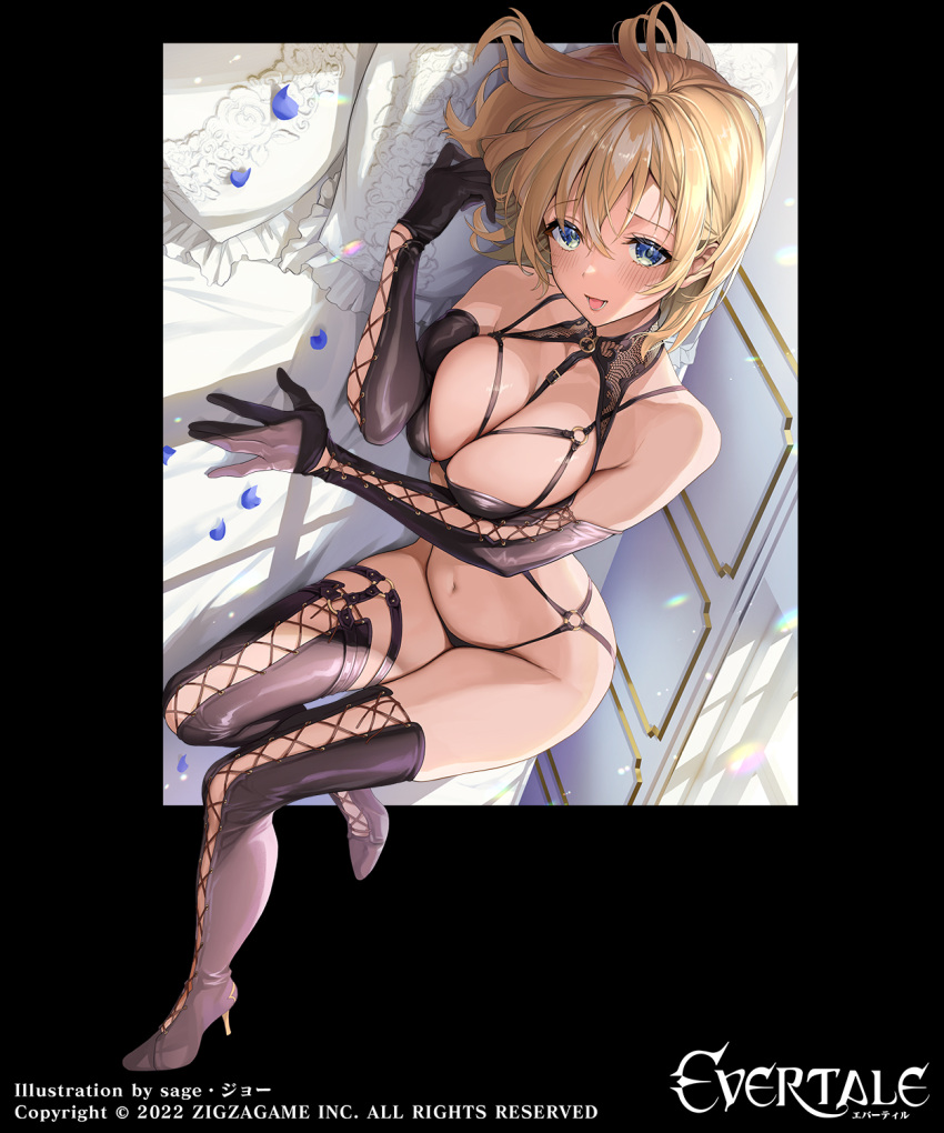 bare_shoulders black_gloves black_thighhighs blonde_hair blue_eyes blush breasts commentary_request copyright_name elbow_gloves evertale female gloves high_heels highres lancelot_(evertale) large_breasts logo looking_at_viewer lying navel o-ring on_bed on_side open_mouth parted_lips petals pillow sage_joh shiny_clothes short_hair solo thighhighs thighs