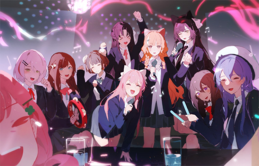 6+girls :d ^_^ animal_ears anya_pandaria atelier_live beret black_hair blazer blue_hair blue_jacket braid brown_hair bun_cover chai_(vtuber) closed_eyes commentary crown_braid english_commentary eris_elysia europa_yuu fox_ears fox_girl genderswap_(mtf) glowstick hair_behind_ear hat head_tilt himey_(vtuber) holding holding_instrument holding_microphone instrument jacket karaoke klaeia_(vtuber) kuzuryu_io looking_at_viewer mari_the_hybrid microphone mole mole_under_eye multicolored_hair multiple_girls musical_note nanatsuki_nana one_eye_closed open_mouth paw_pose pink_hair pink_theme purple_eyes red_hair red_panda_ears red_panda_girl rule_63 school_uniform short_hair smile streaked_hair sweatdrop tambourine tsubaki_(juwei) virtual_youtuber white_hair white_headwear white_jacket yueko_(jiayue_wu)