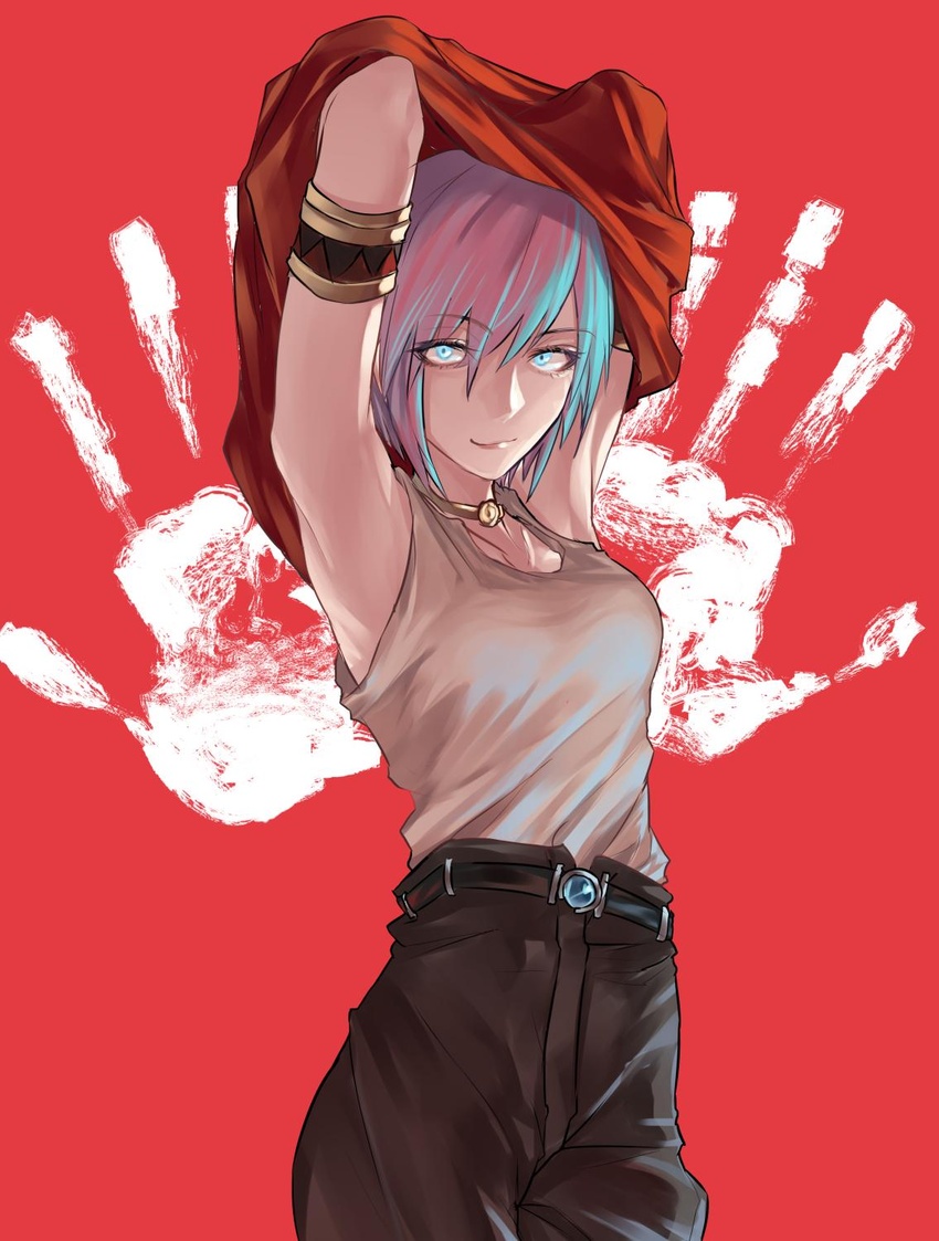 aqua_hair armpits belt blue_eyes breasts choker closed_mouth female highres joki_yoh linda_(linda_cube) linda_cube looking_at_viewer short_hair simple_background smile solo